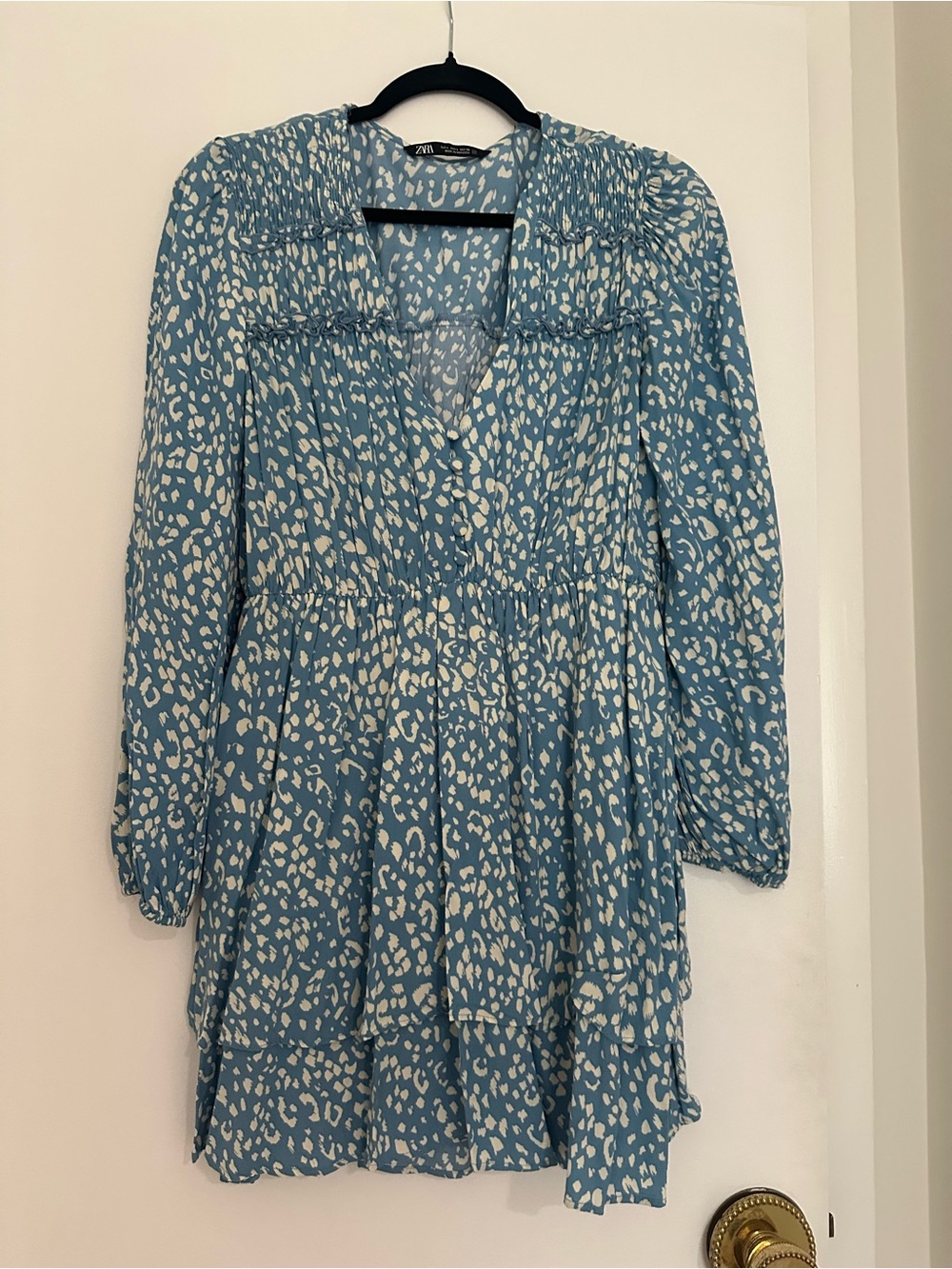 Zara Blue and White Leopard-Print Long-Sleeve Tiered Dress